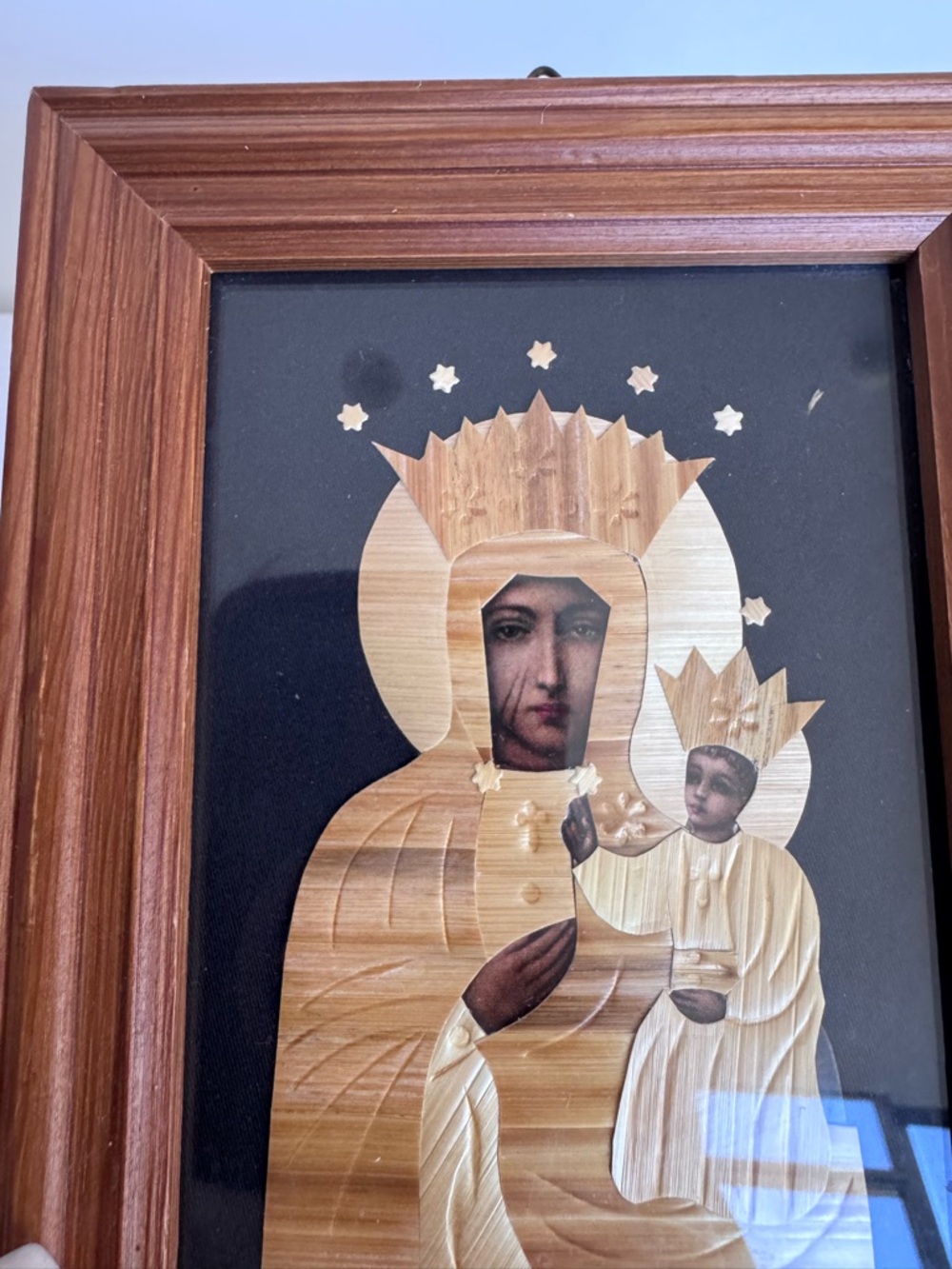 Wood veneer religious icon depicting Madonna and Child